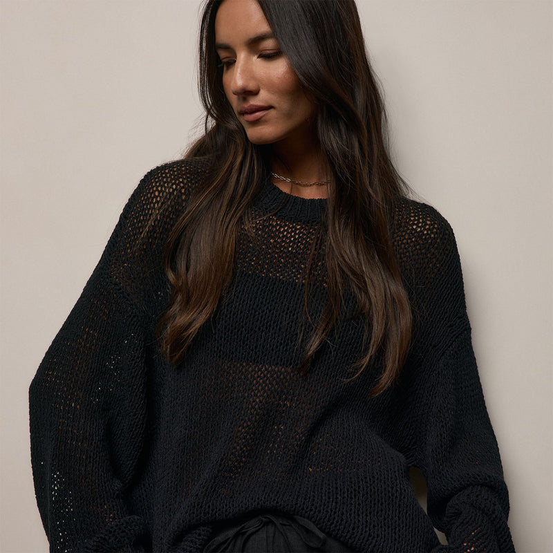 Cotton Linen Open Knit Crew in Black | James Perse Los Angeles