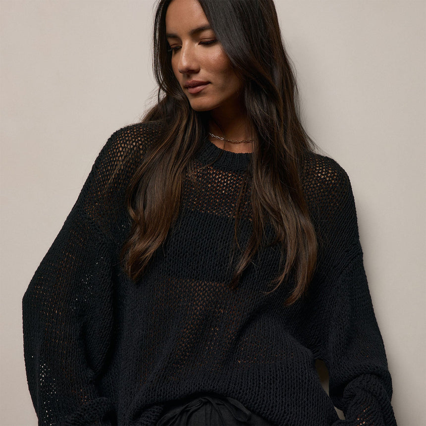 Cotton Linen Open Knit Crew in Black | James Perse Los Angeles
