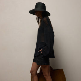 Cotton Linen Open Knit Crew in Black | James Perse Los Angeles