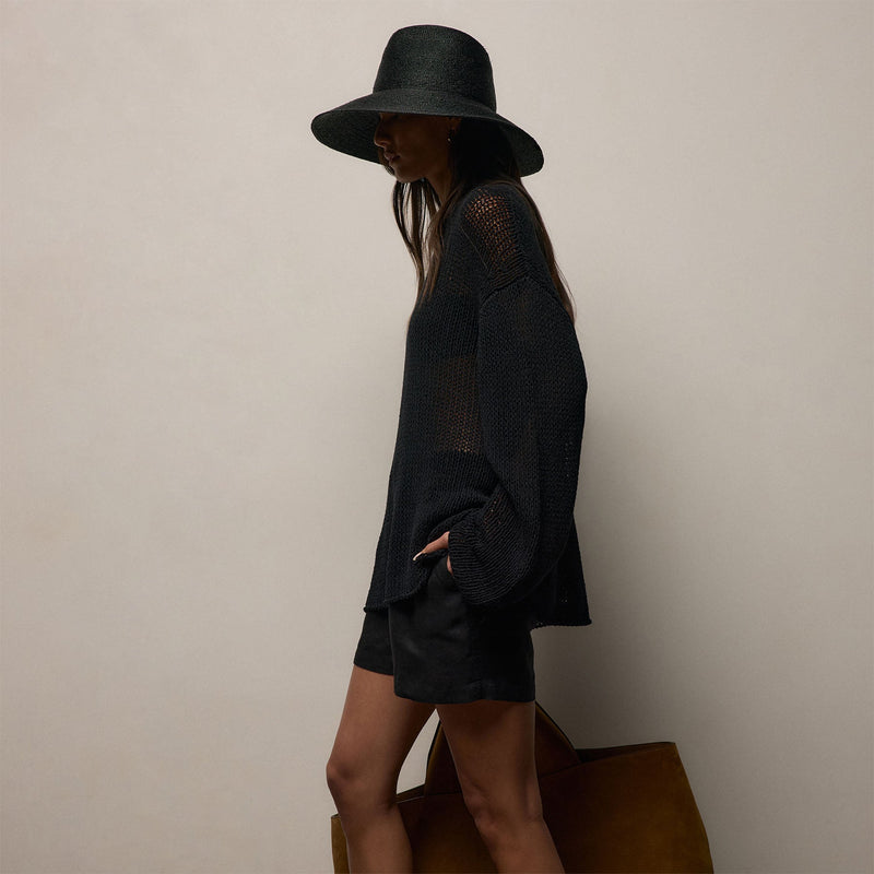 Cotton Linen Open Knit Crew in Black | James Perse Los Angeles