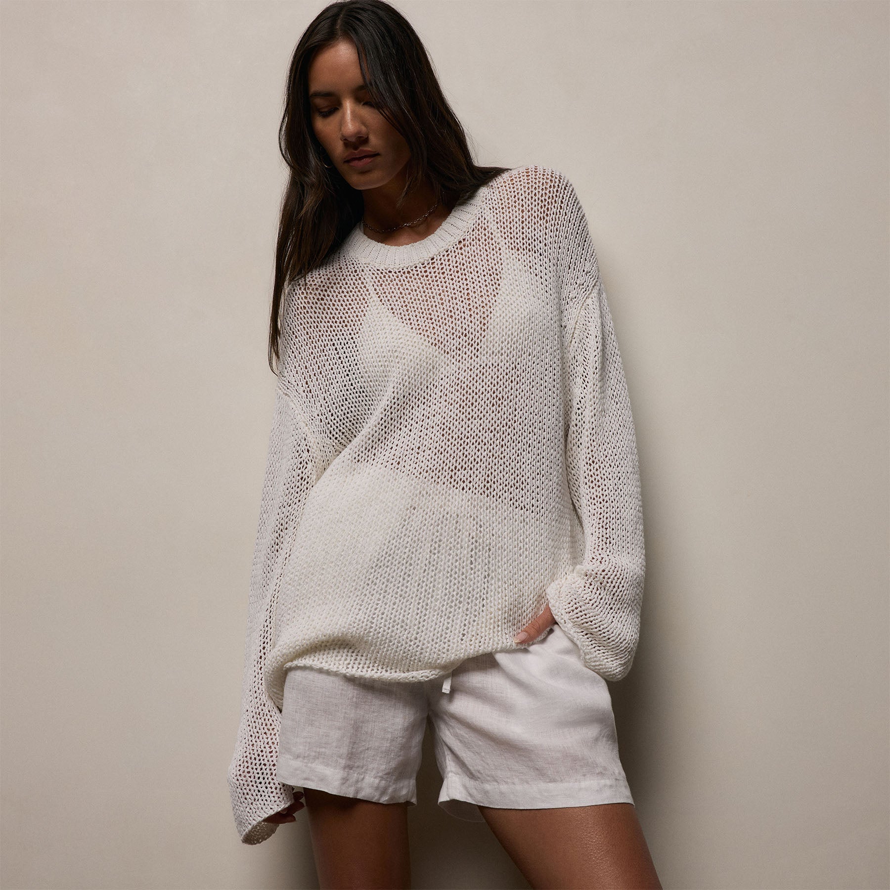 Cotton Linen Open Knit Crew in Off White | James Perse Los Angeles