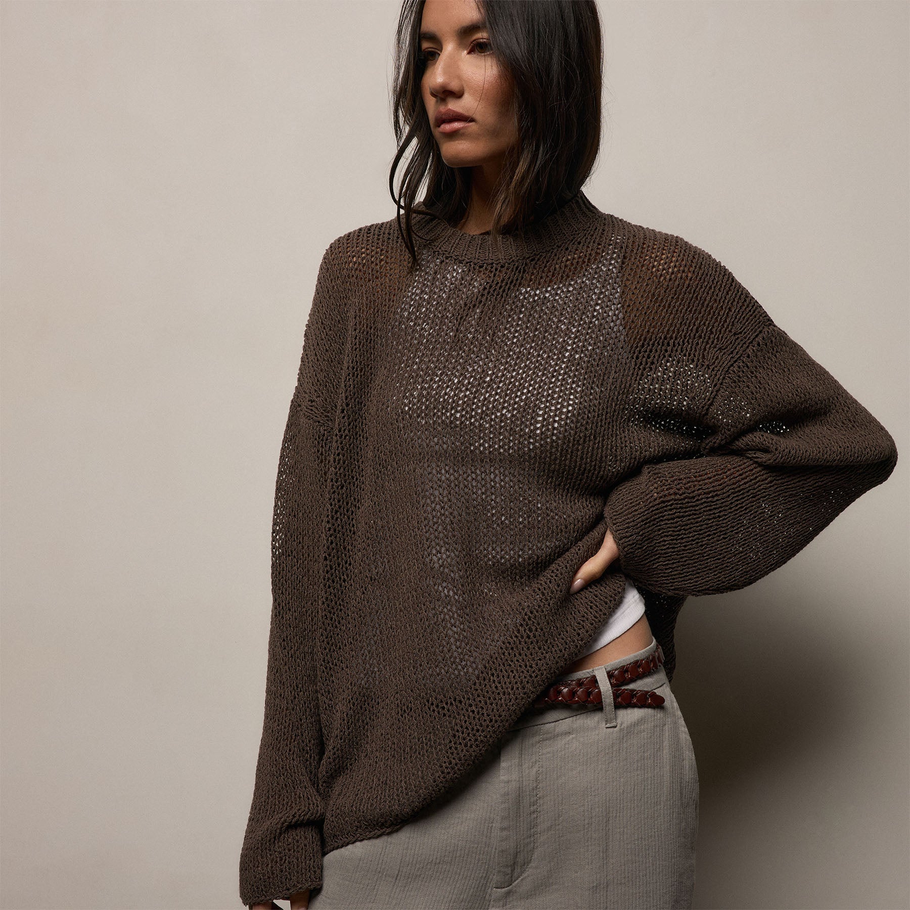 Cotton Linen Open Knit Crew in Storm | James Perse Los Angeles