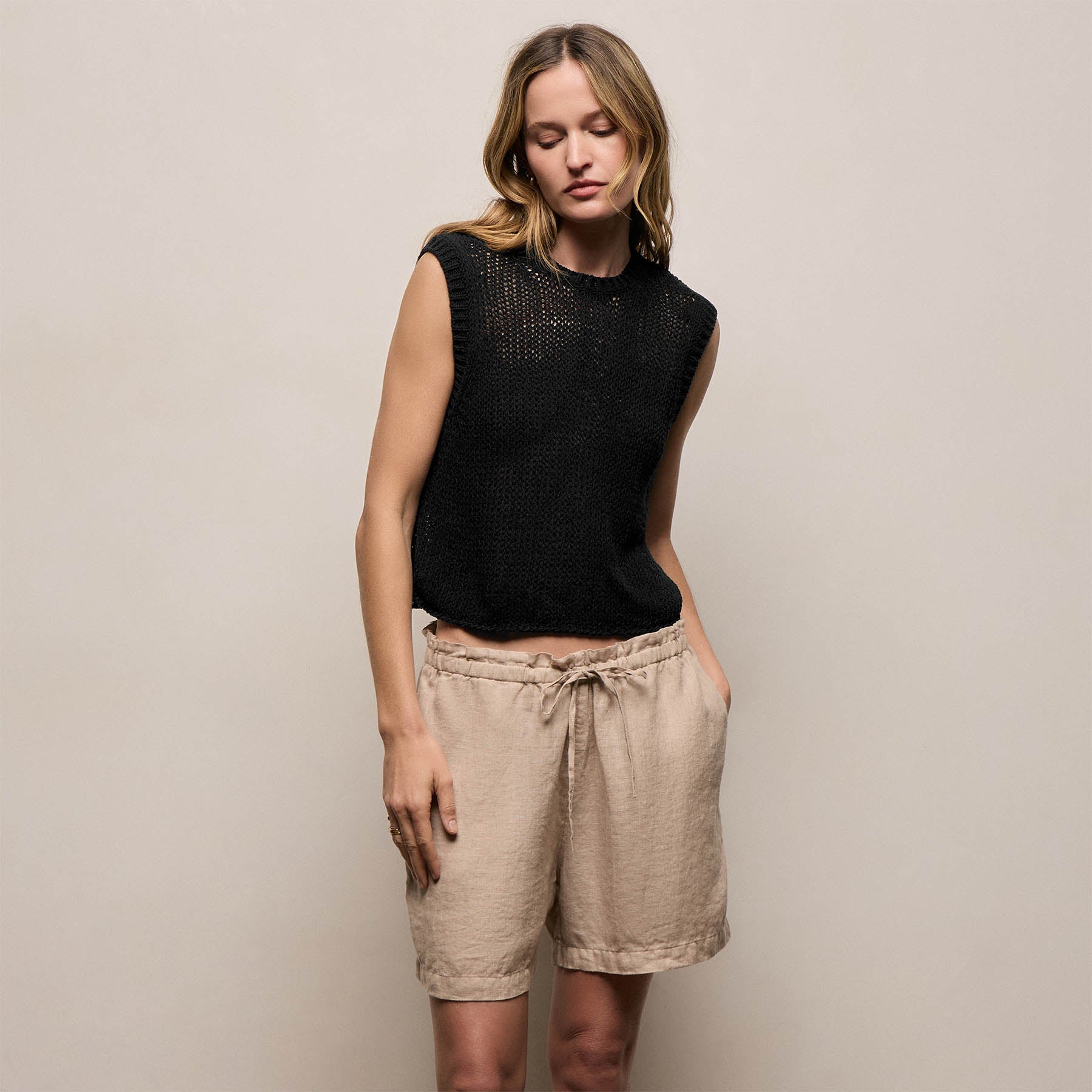 Cotton Linen Sweater Tank - Black