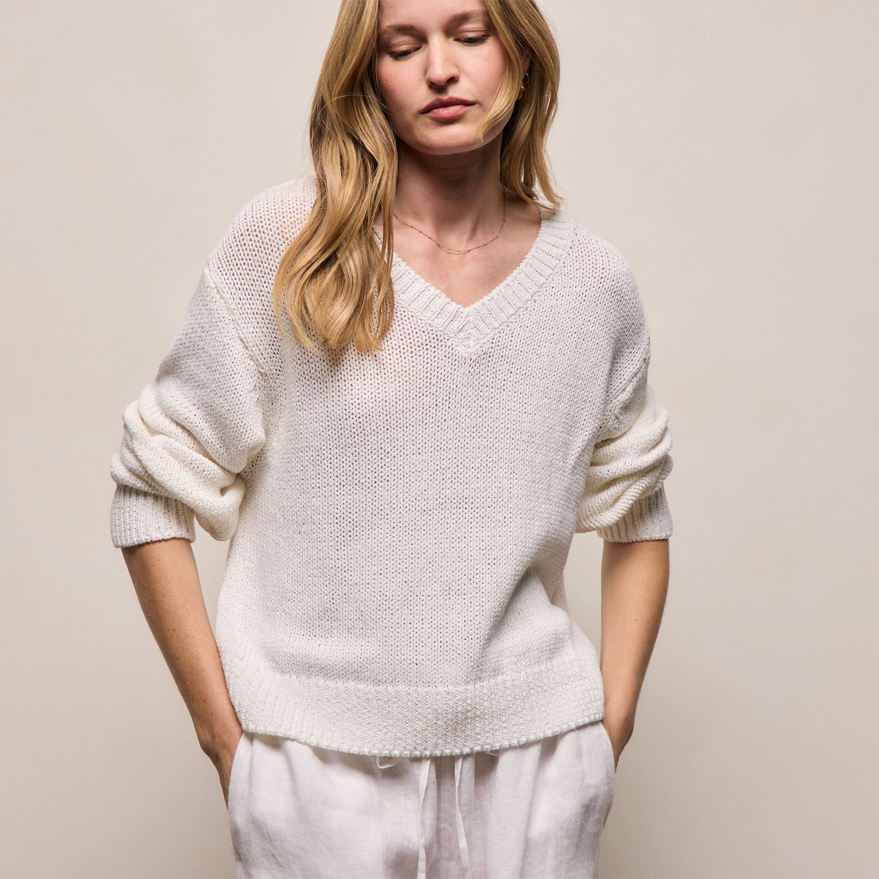 Cotton Linen V Neck Boxy Sweater from James Perse - $395