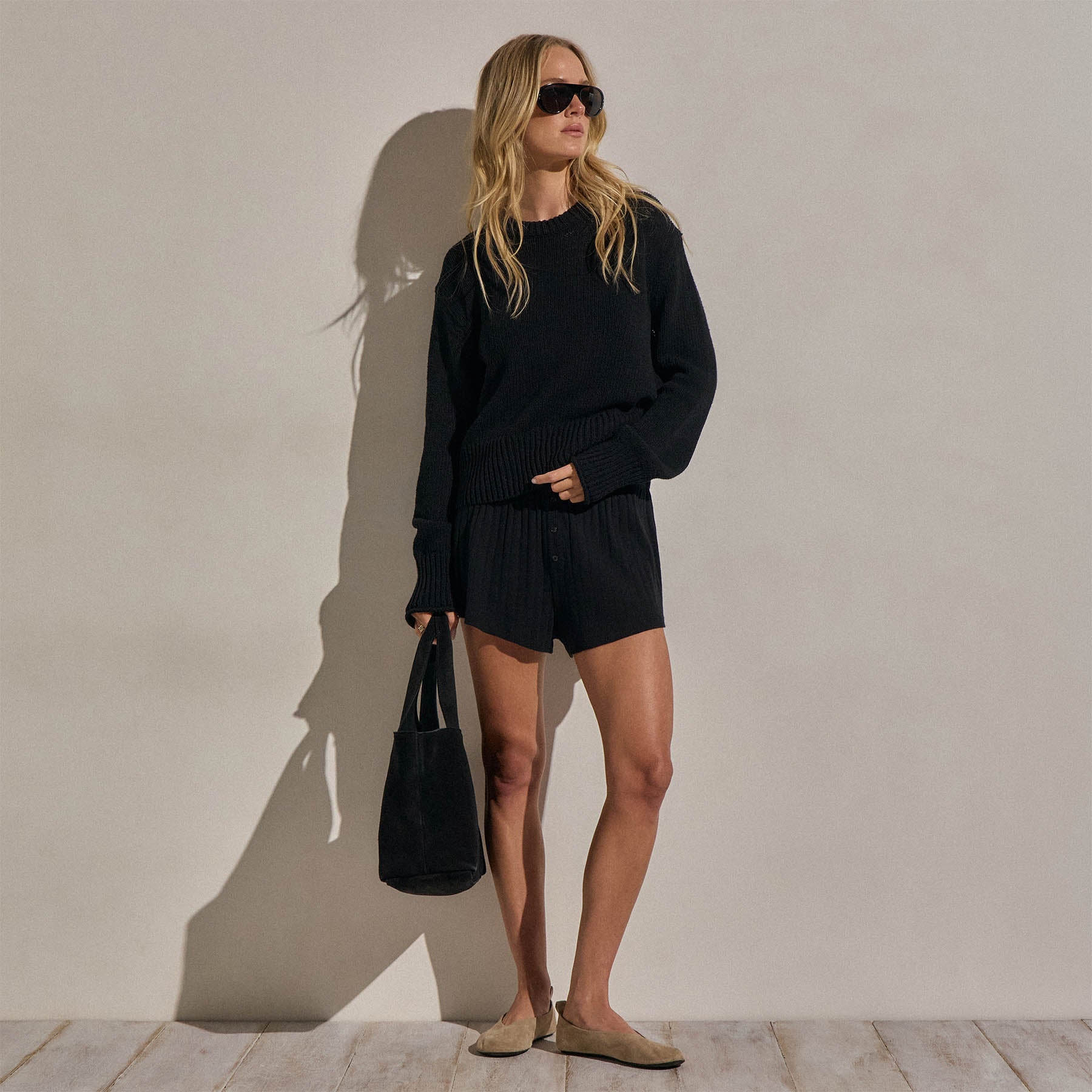 Textured Linen Cotton Sweater in Black | James Perse Los Angeles