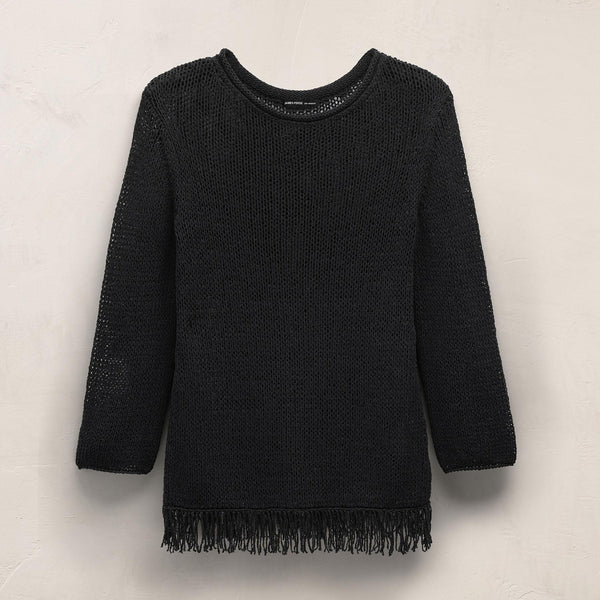 Cotton Linen Open Knit Tunic with Fringe in Black | James Perse Los Angeles