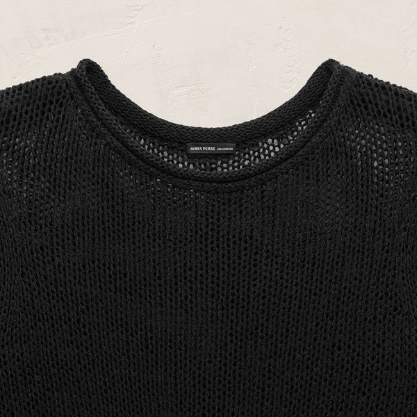 Cotton Linen Open Knit Tunic with Fringe in Black | James Perse Los Angeles