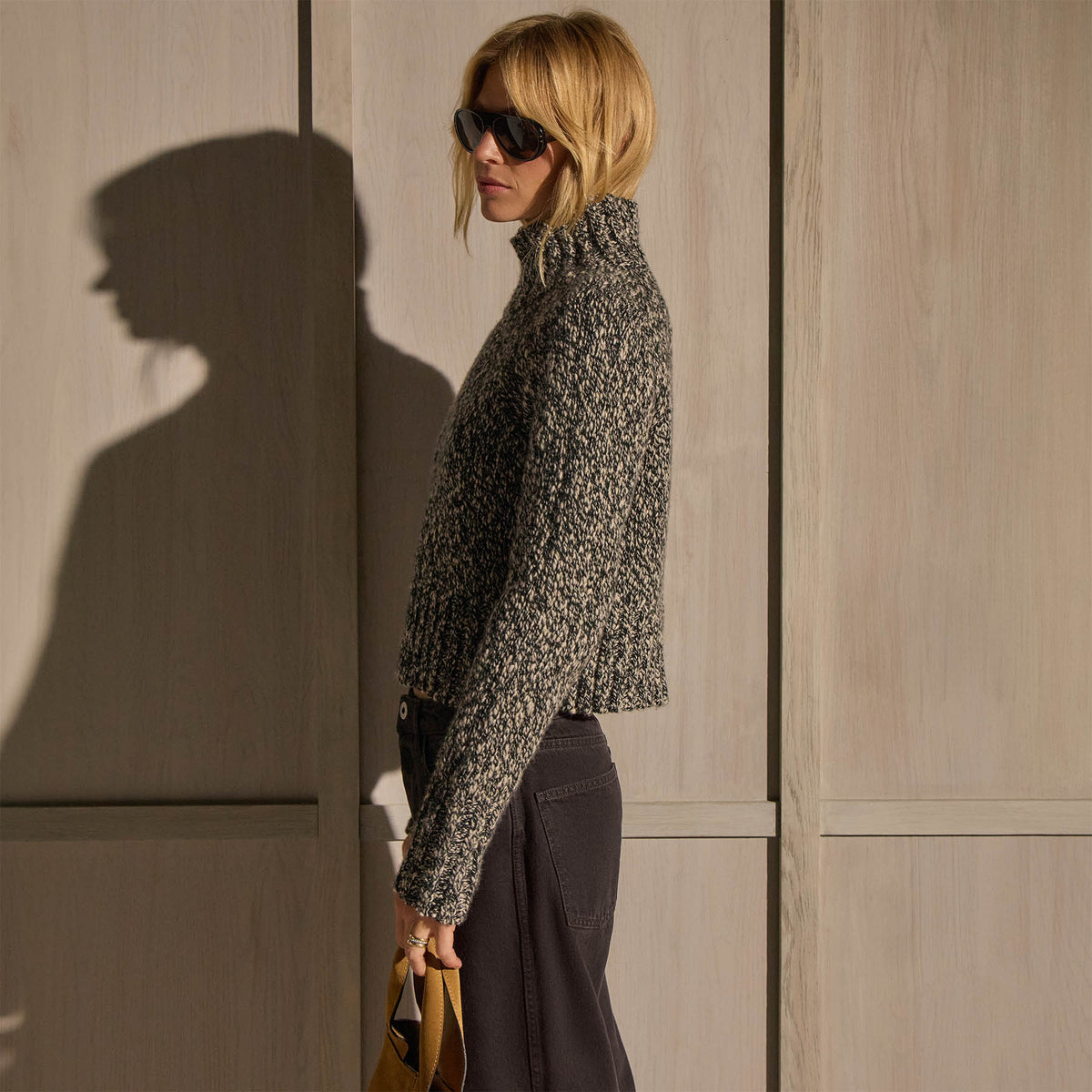 Mock Neck Chunky Sweater - Black White Mouline