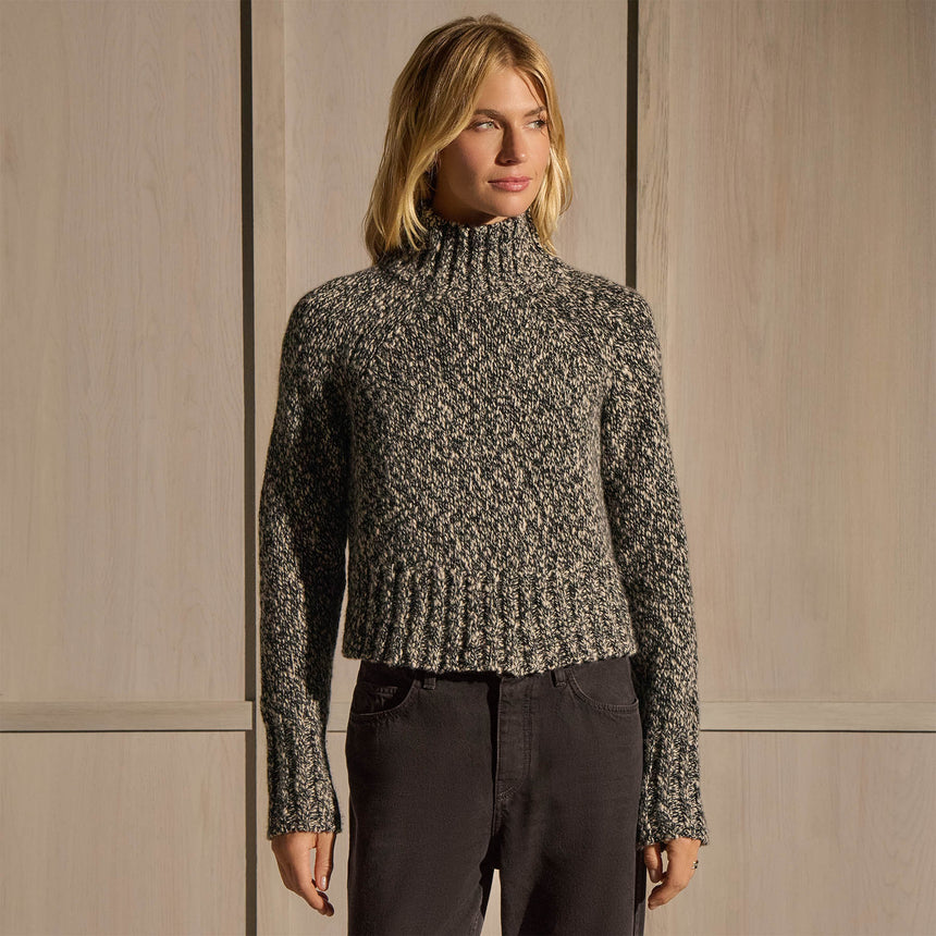 Mock Neck Chunky Sweater - Black White Mouline
