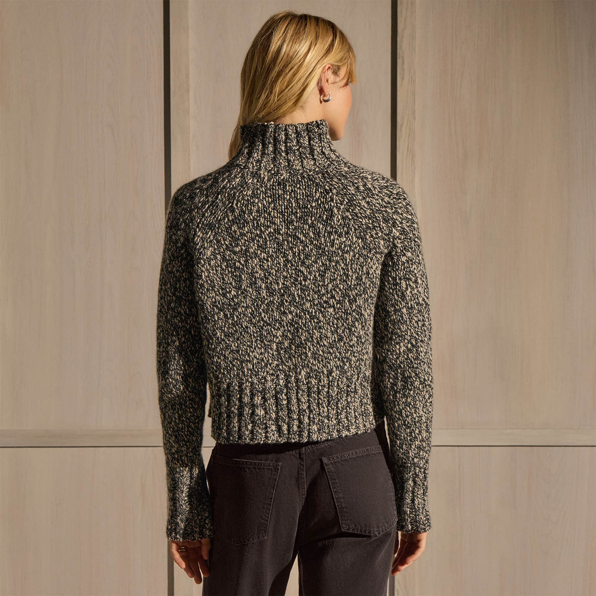 Mock Neck Chunky Sweater - Black White Mouline