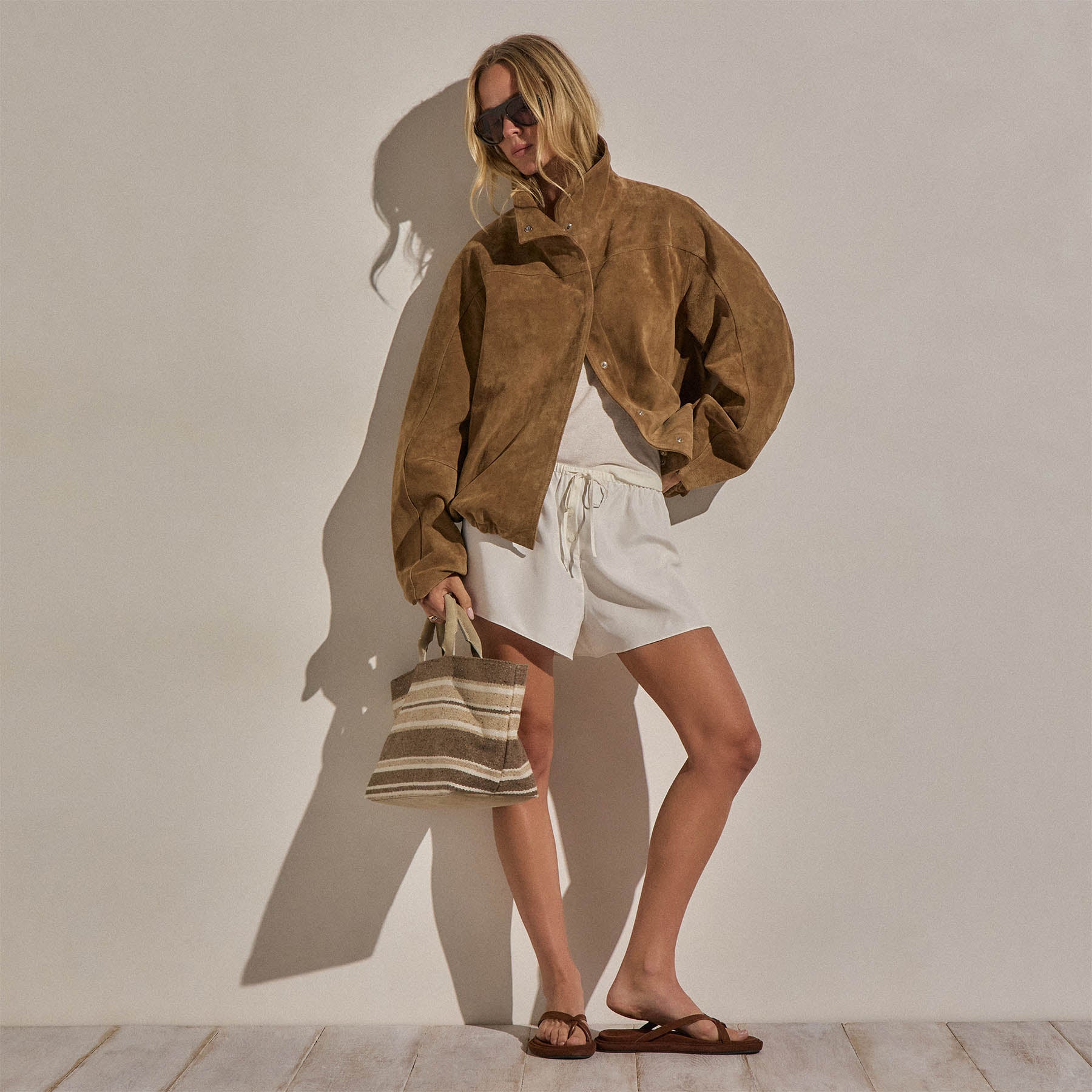 Suede Funnel Neck Jacket in Dark Sand | James Perse Los Angeles