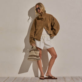 Suede Funnel Neck Jacket in Dark Sand | James Perse Los Angeles