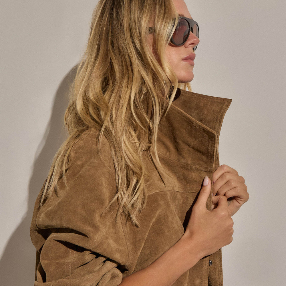 Suede Funnel Neck Jacket in Dark Sand | James Perse Los Angeles