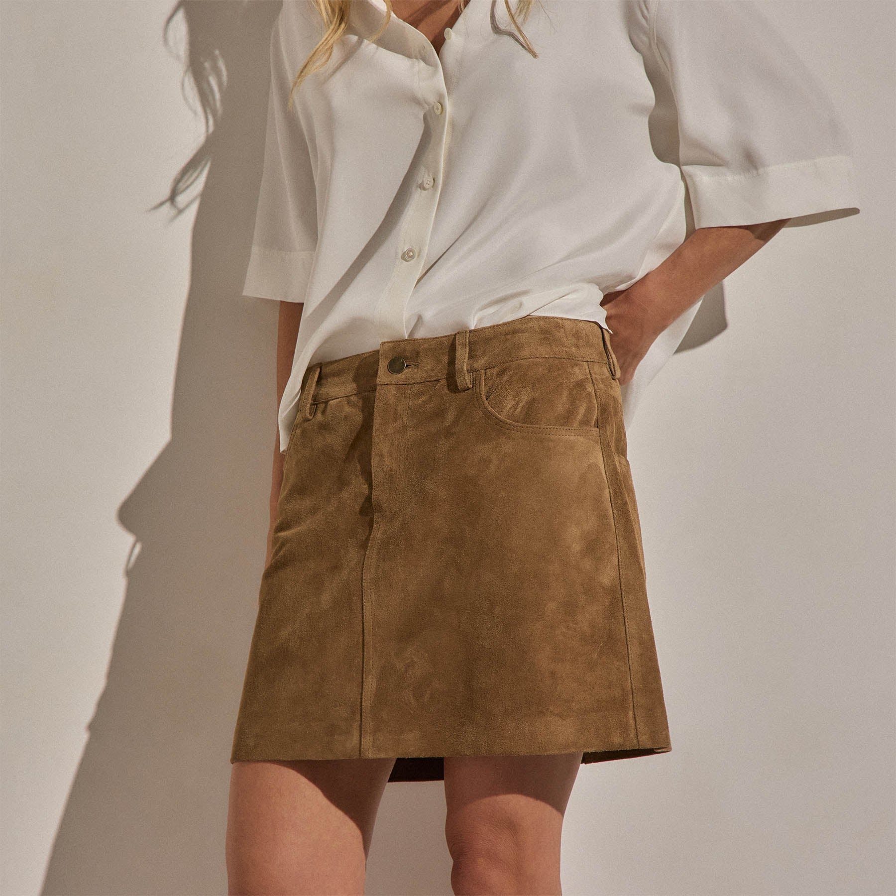 Suede Mini Skirt in Dark Sand | James Perse Los Angeles