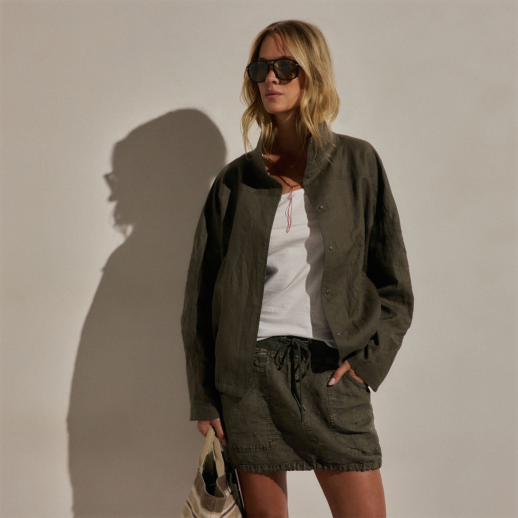 Linen Funnel Neck Jacket in Army Green | James Perse Los Angeles