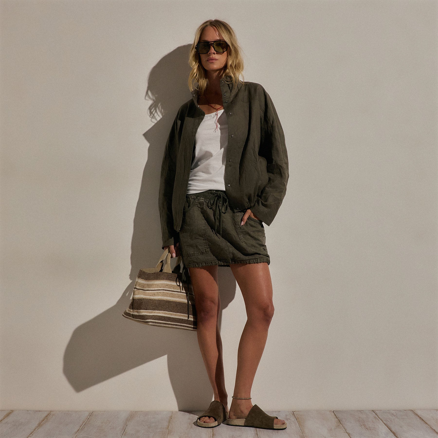 Linen Funnel Neck Jacket in Army Green | James Perse Los Angeles