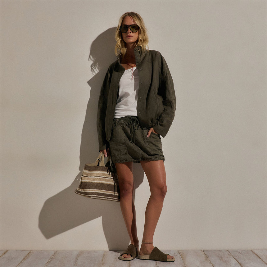 Linen Funnel Neck Jacket in Army Green | James Perse Los Angeles