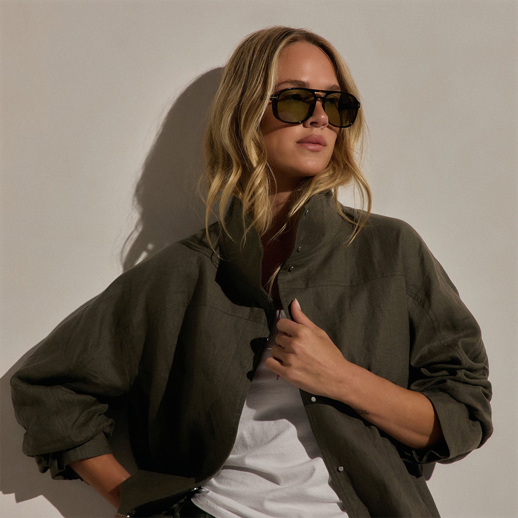 Linen Funnel Neck Jacket in Army Green | James Perse Los Angeles