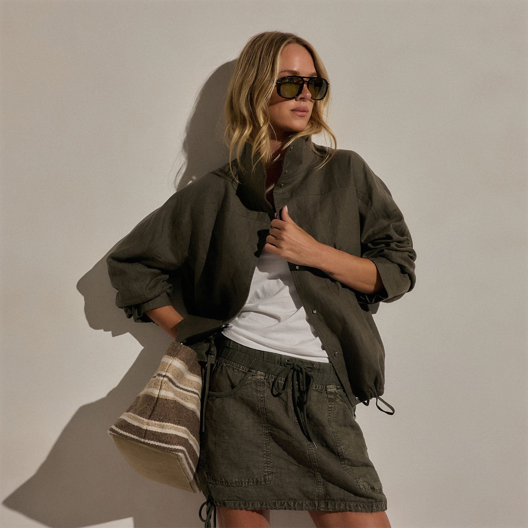 Linen Funnel Neck Jacket in Army Green | James Perse Los Angeles
