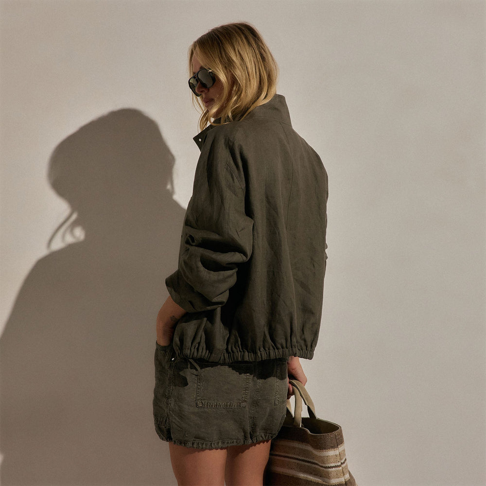 Linen Funnel Neck Jacket in Army Green | James Perse Los Angeles