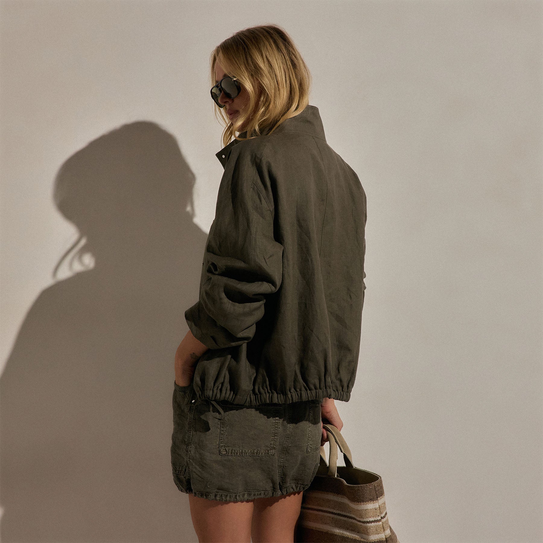 Linen Funnel Neck Jacket in Army Green | James Perse Los Angeles