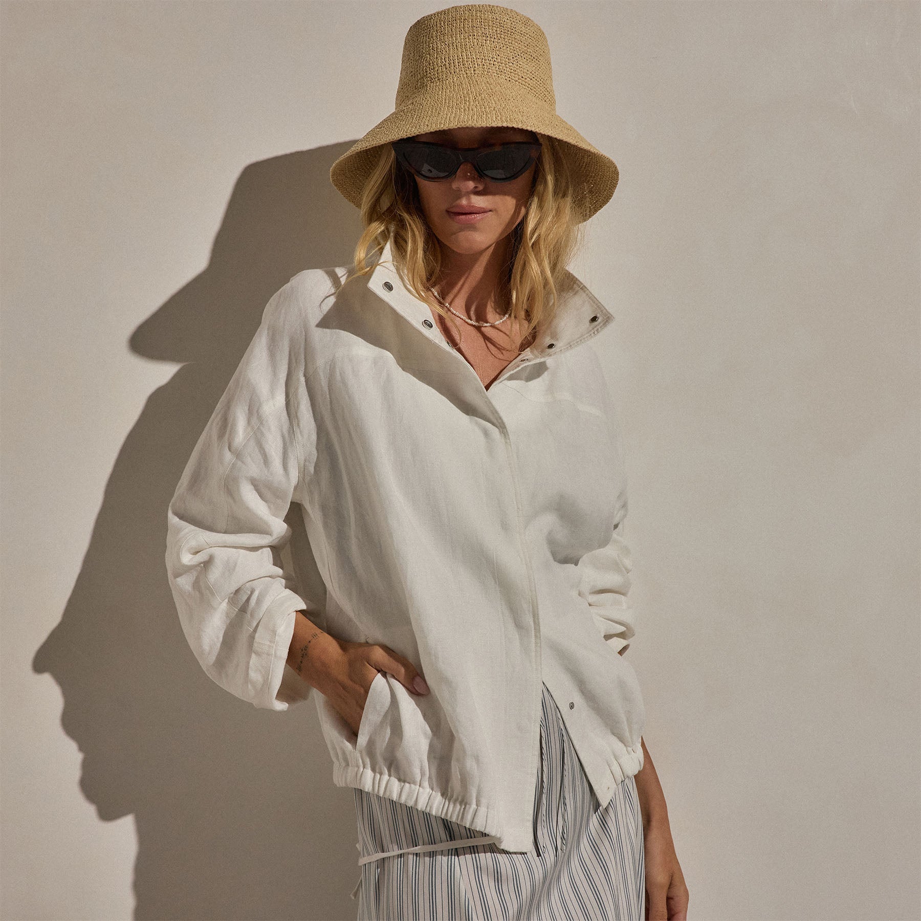 Linen Funnel Neck Jacket in White | James Perse Los Angeles