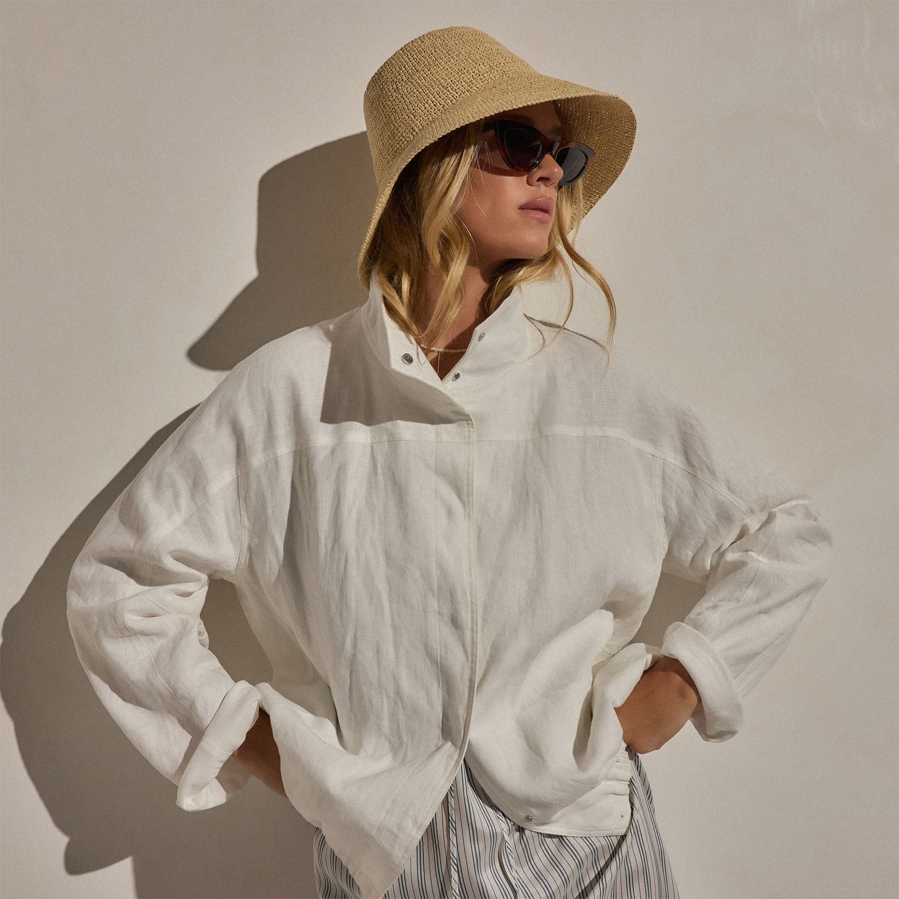 Linen Funnel Neck Jacket in White | James Perse Los Angeles