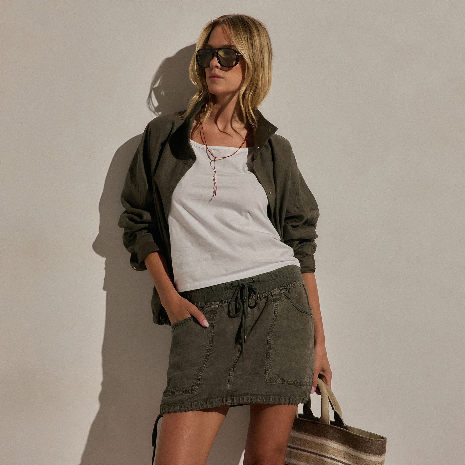 Linen Utility Mini Skirt in Army Green | James Perse Los Angeles