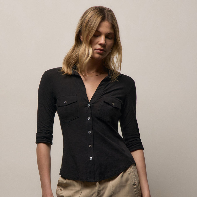 Sheer Slub Side Panel Shirt in Black | James Perse Los Angeles