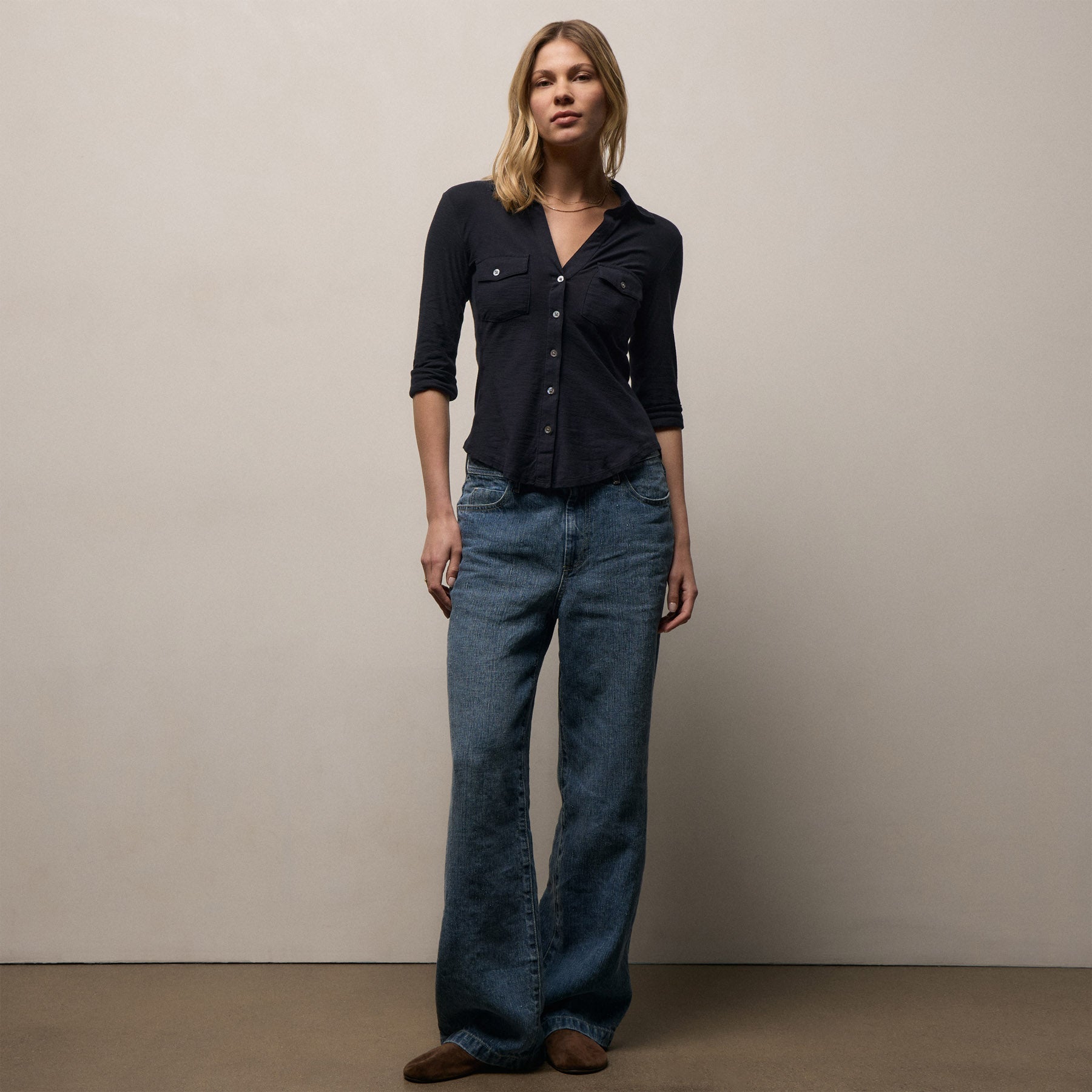 【レナ】Sheer Knit Panneled Shirt Sheer Panel Button-Up Collared Shirt