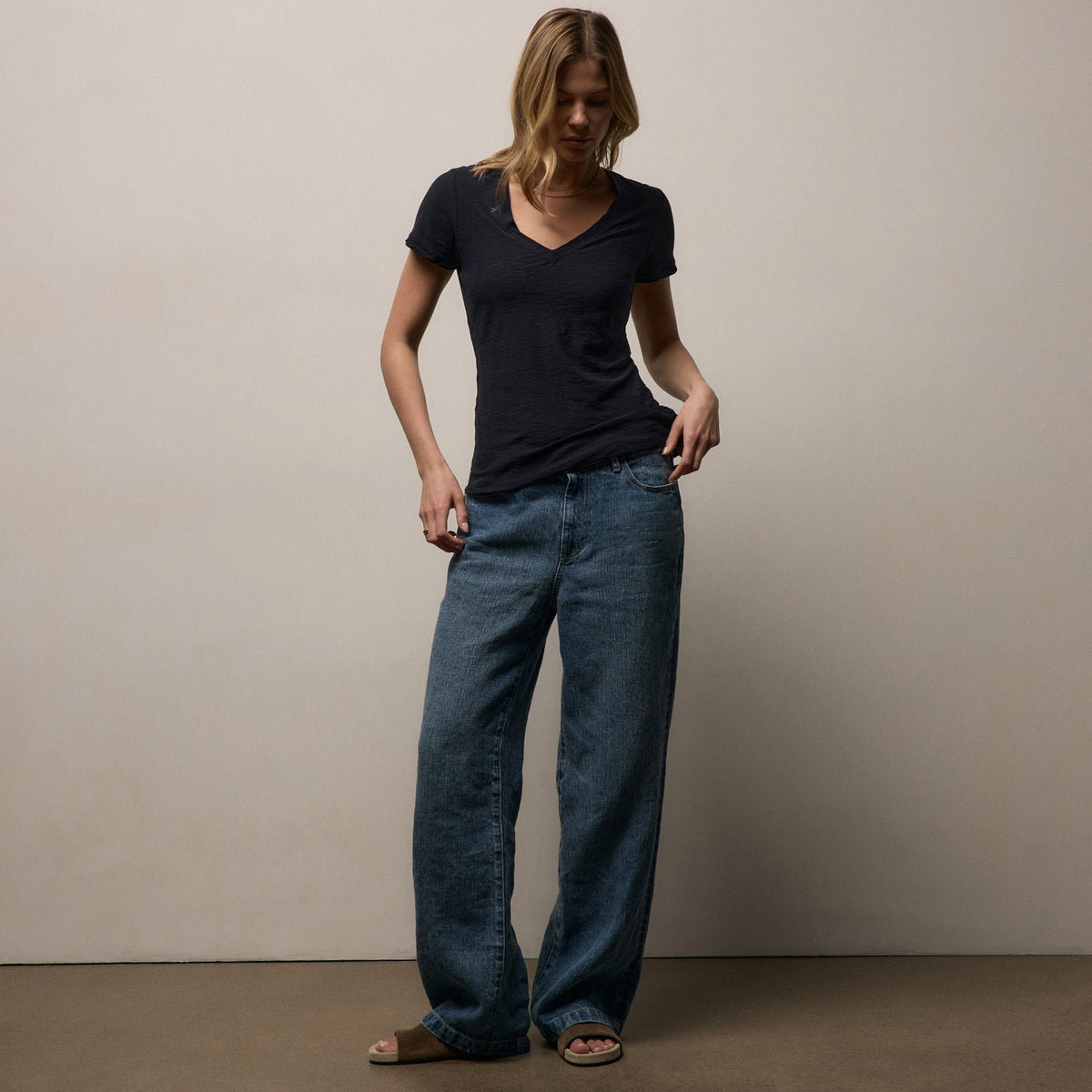 Sheer Slub V Neck - Deep