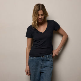 Sheer Slub V Neck - Deep