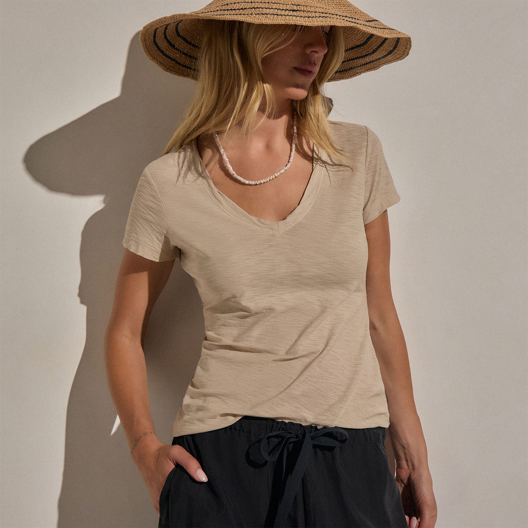 Sheer Slub V Neck in Stone | James Perse Los Angeles