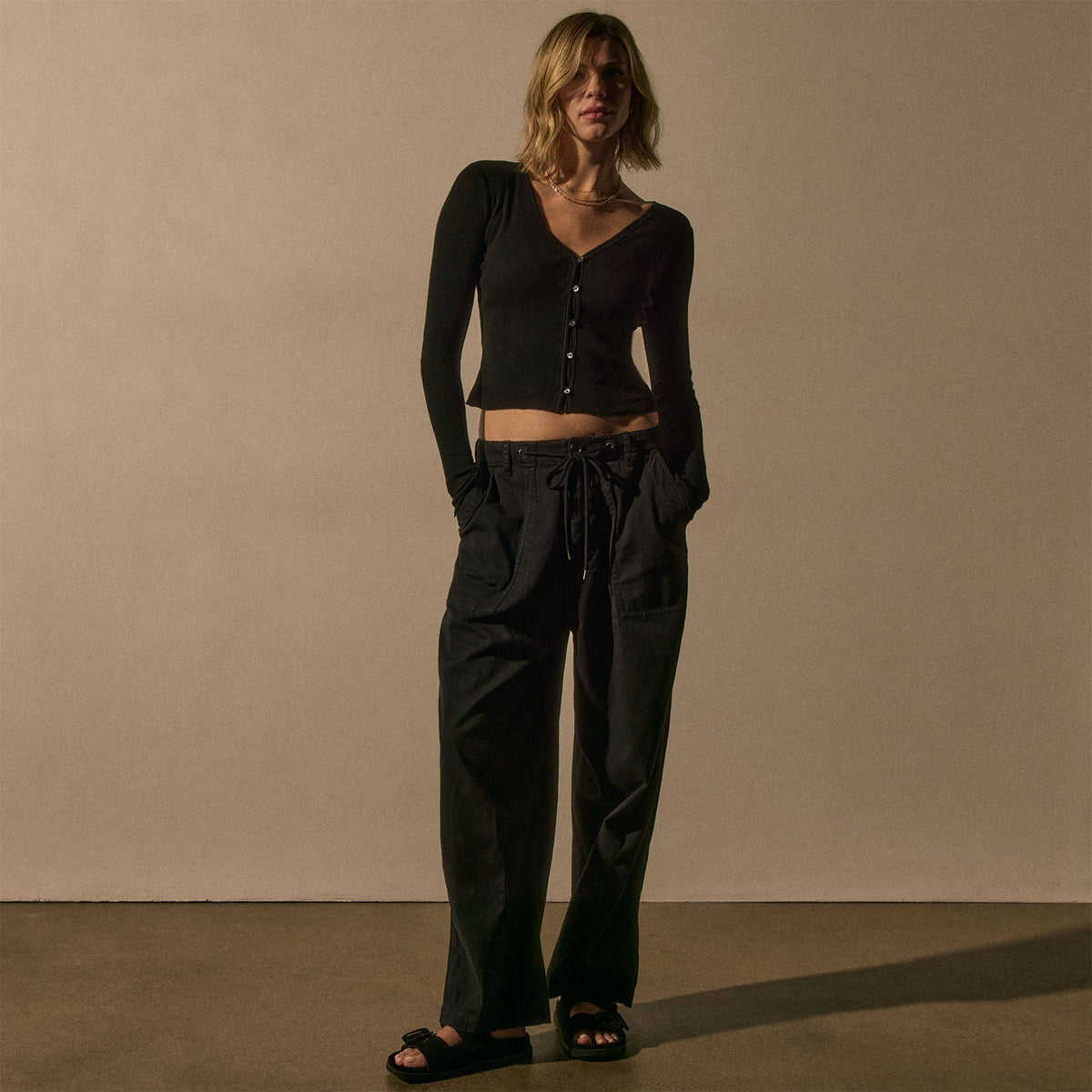 Cotton Cshmr Ribbed Long Sleeve Btn Front in Black | James Perse Los Angeles