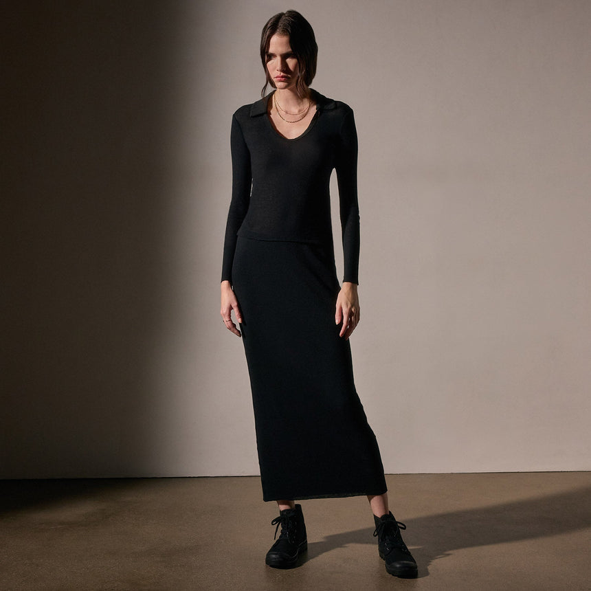 Cotton Cashmere Rib Open Polo  in Black | James Perse Los Angeles