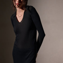 Cotton Cashmere Rib Open Polo  in Black | James Perse Los Angeles