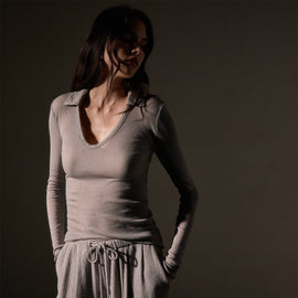 Cotton Cashmere Rib Open Polo  in Dapple | James Perse Los Angeles
