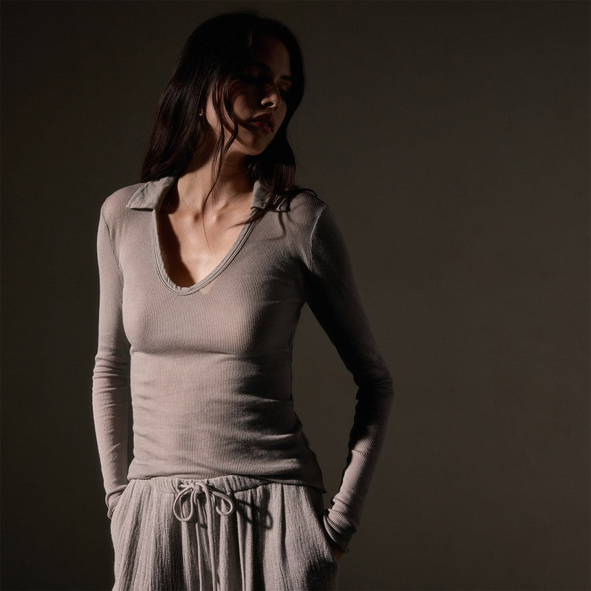 Cotton Cashmere Rib Open Polo  in Dapple | James Perse Los Angeles