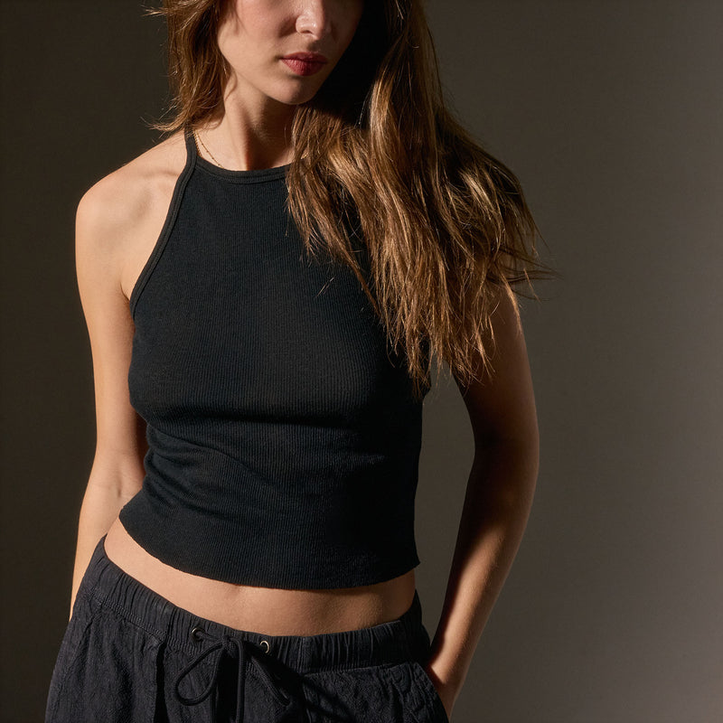 Cotton Cshmr Ribbed Rcr Bck Tank in Black | James Perse Los Angeles