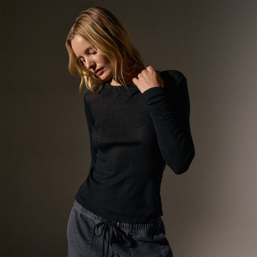 Cotton Cashmere Blend Ribbed Long Sleeve Crew in Black | James Perse Los Angeles