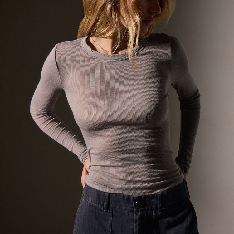 Cotton Cashmere Blend Ribbed Long Sleeve Crew in Dapple | James Perse Los Angeles
