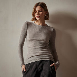 Cotton Cashmere Blend Ribbed Long Sleeve Crew in Heather Grey | James Perse Los Angeles