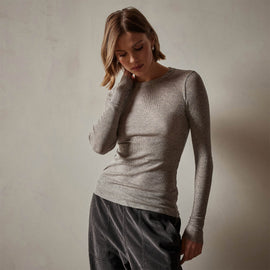 Cotton Cashmere Blend Ribbed Long Sleeve Crew in Heather Grey | James Perse Los Angeles
