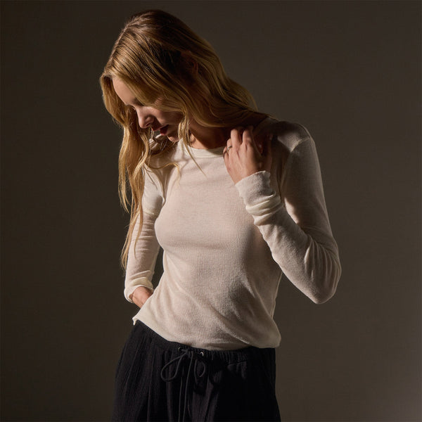 Cotton Cashmere Blend Ribbed Long Sleeve Crew in Ivory | James Perse Los Angeles