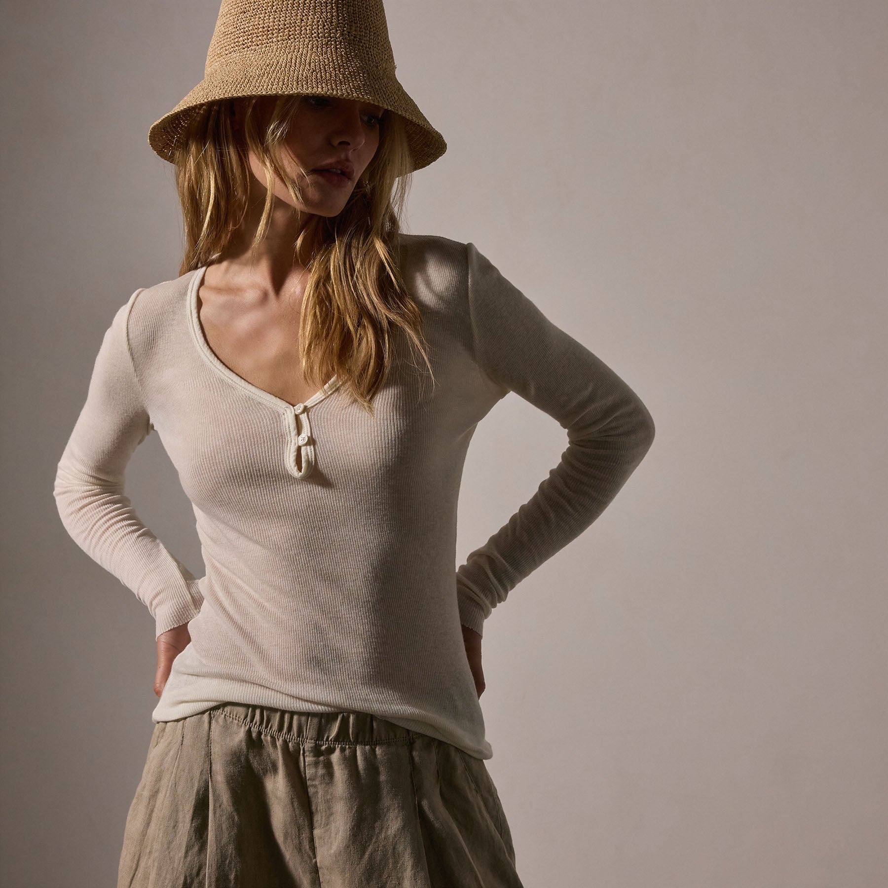 Cotton Cashmere Blend Ribbed Henley in Ivory | James Perse Los Angeles