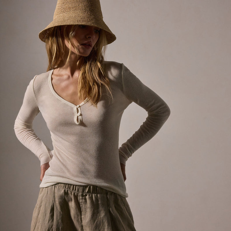 Cotton Cashmere Blend Ribbed Henley in Ivory | James Perse Los Angeles