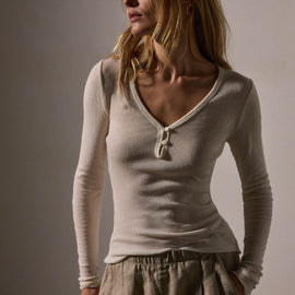 Cotton Cashmere Blend Ribbed Henley in Ivory | James Perse Los Angeles