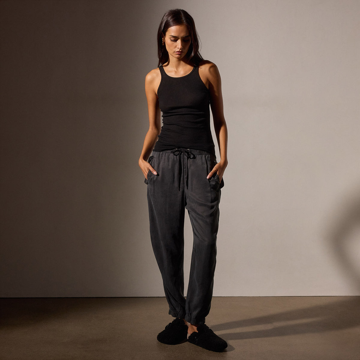 Cotton Cashmere Blend Ribbed Tank in Black | James Perse Los Angeles