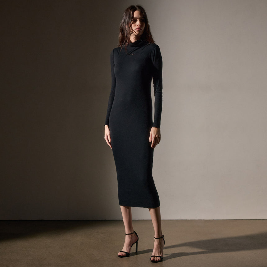 Cashmere Rib Funnel Neck Dress in Black | James Perse Los Angeles
