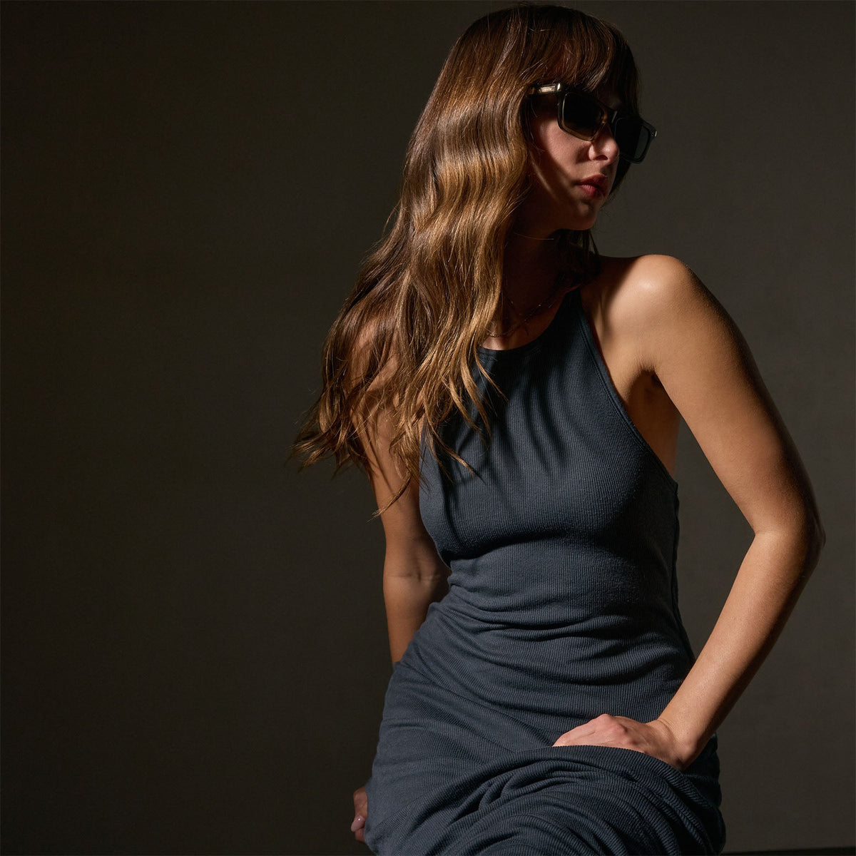 Cotton Cshmr Rbd Rcr Bck Tnk Dress in Asphalt | James Perse Los Angeles